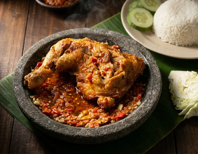 Ayam gepuk garing dilenyek atas sambal bawang cili padi dalam cobek batu, dihidang bersama nasi putih, timun dan kobis