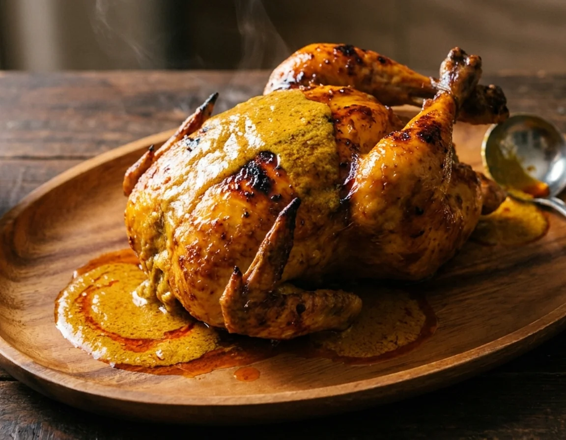 Ayam golek seekor penuh berwarna keemasan di atas dulang, disiram kuah lemak santan pekat berwarna kuning oren dan dihidang bersama nasi putih