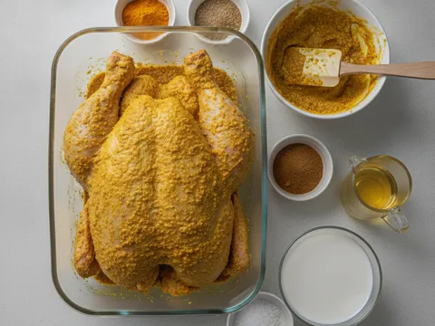 Ayam seekor penuh di dalam bekas, sudah terlumur rata dengan pes perapan rempah kuning sehingga ke seluruh permukaan kulit