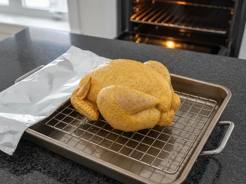 Ayam berempah di atas rak dalam loyang berisi air, ditutup rapat dengan kerajang aluminium sebelum dimasukkan ke ketuhar