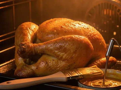 Ayam golek berwarna keemasan berkilat dalam ketuhar sedang dilumur pes rempah dengan berus dapur