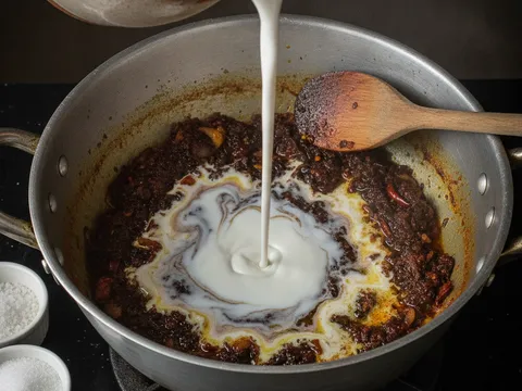 Santan pekat dituang ke dalam periuk berisi pes rempah tumis, kuah mereneh perlahan sehingga pekat dan berminyak
