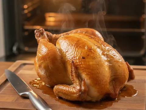 Ayam golek keemasan direhatkan di atas papan pemotong sebelum dipotong kepada bahagian