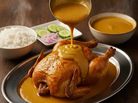 Kuah lemak santan pekat disiram dari senduk ke atas ayam golek keemasan di atas dulang hidangan