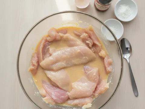 Kepingan dada ayam nipis digaul dengan perapan basah telur dan sos tiram dalam mangkuk