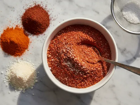 Serbuk cili, paprika dan rempah digaul menjadi serbuk tabur merah dalam mangkuk kecil