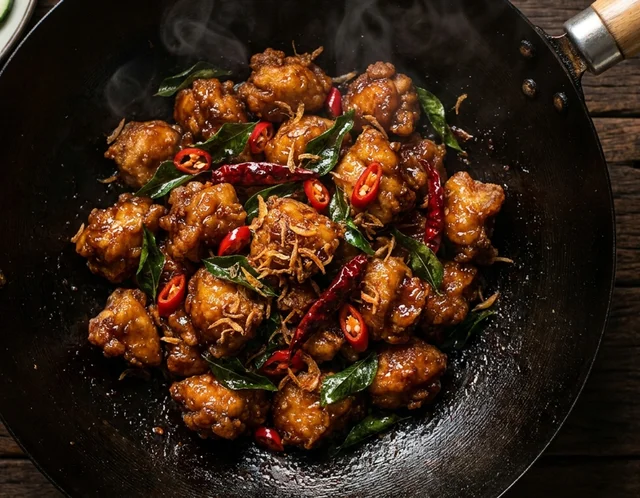 Ayam kam heong keemasan bersalut sos pekat kering bersama daun kari, cili padi dan cili kering dalam kuali hitam
