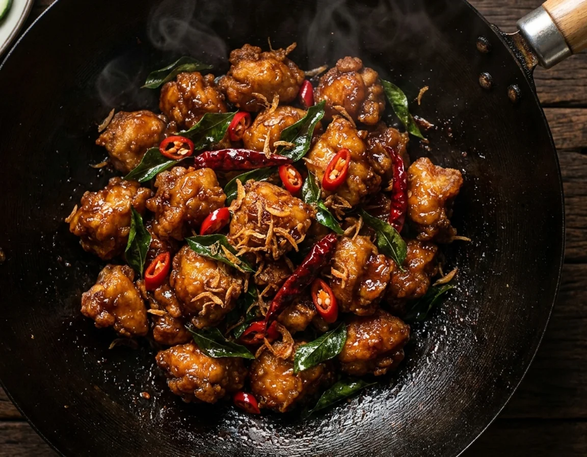 Ayam kam heong keemasan bersalut sos pekat kering bersama daun kari, cili padi dan cili kering dalam kuali hitam