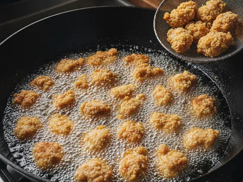 Ketulan ayam bersalut tepung digoreng keemasan dalam minyak panas berbuih