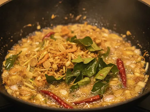 Tumbukan udang kering dan serai, bawang cincang, bawang besar, cili padi dan daun kari ditumis wangi dalam kuali