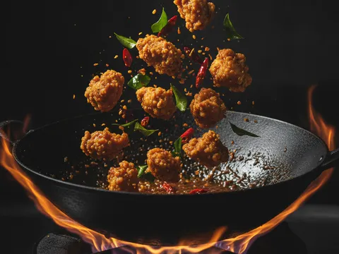 Ketulan ayam goreng digaul api besar bersama sos kam heong pekat, daun kari, cili padi dan cili kering