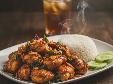 Ayam kam heong siap dihidang dalam pinggan putih bersama nasi putih panas dan hirisan timun