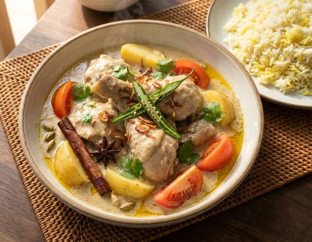 Ayam kurma kenduri berkuah putih pekat dengan kentang, tomato dan cili hijau, ditabur bawang goreng dalam mangkuk