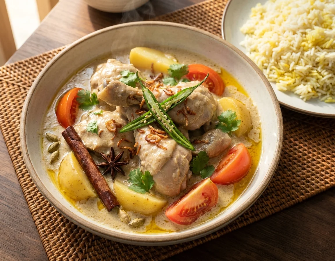 Ayam kurma kenduri berkuah putih pekat dengan kentang, tomato dan cili hijau, ditabur bawang goreng dalam mangkuk