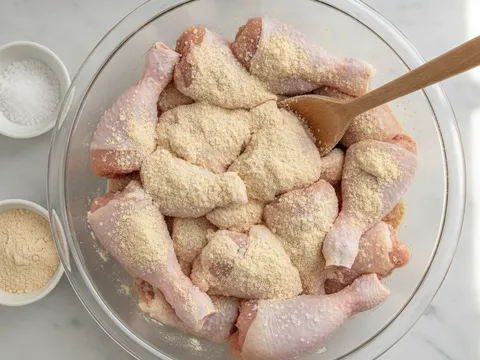 Ketul ayam mentah digaul dengan serbuk rempah kurma putih dan garam dalam mangkuk untuk diperap