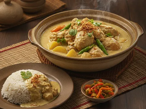 Ayam kurma siap dihidang dalam mangkuk dengan tomato, cili hijau dan taburan bawang goreng bersama nasi putih dan acar