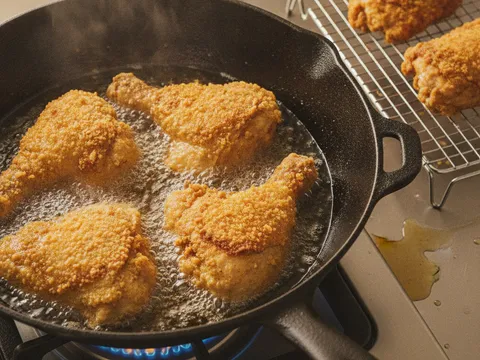 Ketulan ayam bersalut tepung jagung digoreng dalam minyak panas sehingga keemasan