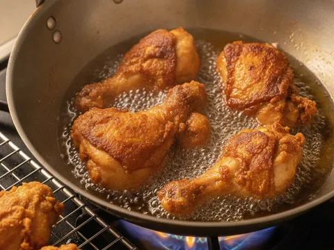 Ketulan ayam goreng dimasukkan semula ke dalam minyak panas untuk gorengan kali kedua
