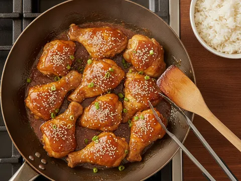 Ayam goreng dikaup balik dalam sos madu pekat lalu ditabur bijan dan daun bawang dalam kuali