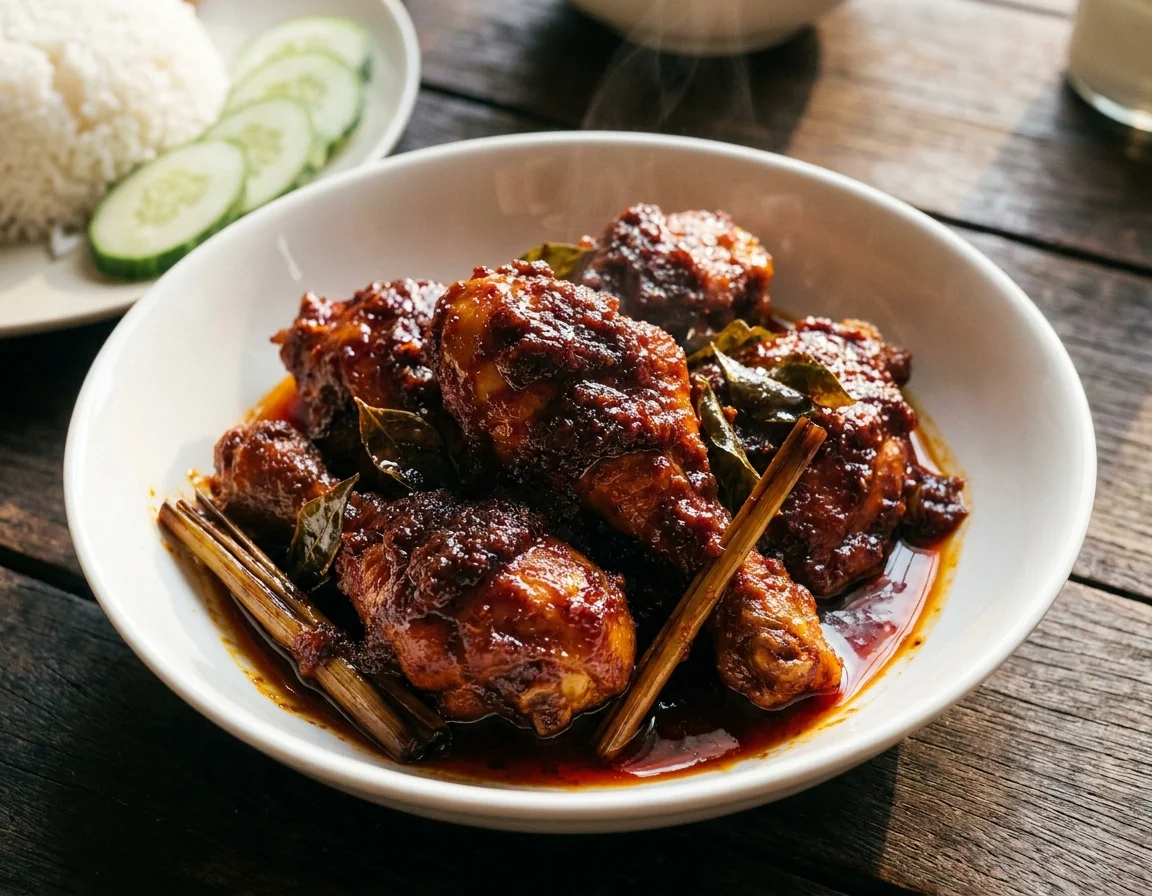 Ayam masak bali bersalut sambal pekat berwarna maroon dengan serai dititik dan daun kari goreng, dihidang dalam mangkuk putih bersama nasi