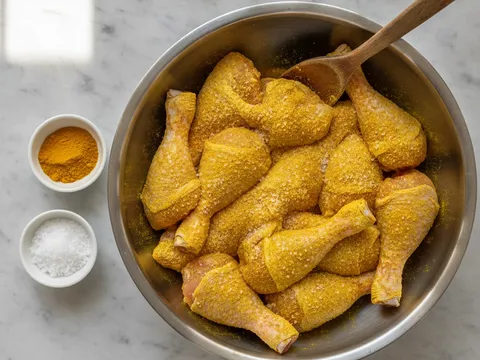 Potongan ayam digaul dengan serbuk kunyit dan garam dalam mangkuk sehingga bersalut kuning rata