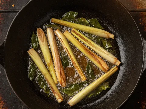 Serai dititik dan daun kari digoreng dalam minyak sehingga keperangan dan garing di dalam kuali