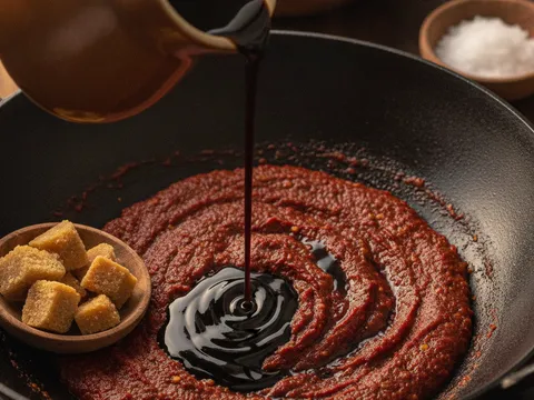 Kicap manis dan gula melaka dituang ke dalam sambal maroon dalam kuali dan dikacau menjadi kuah likat berkilat