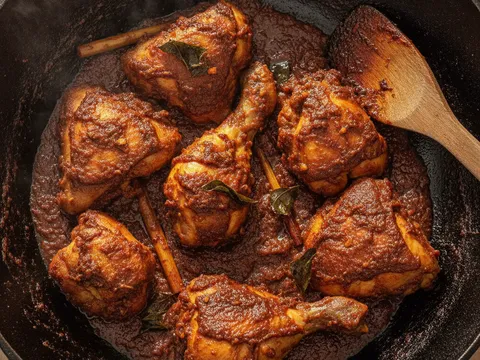 Potongan ayam goreng digaul dalam sambal bali pekat di dalam kuali sehingga bersalut rata dan berkilat