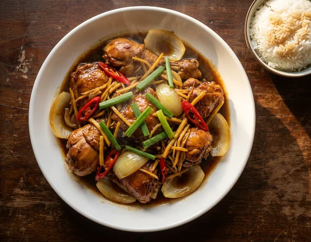 Ayam masak halia kicap berkilat dengan hirisan halia banyak dan bawang besar, ditabur daun bawang dalam pinggan