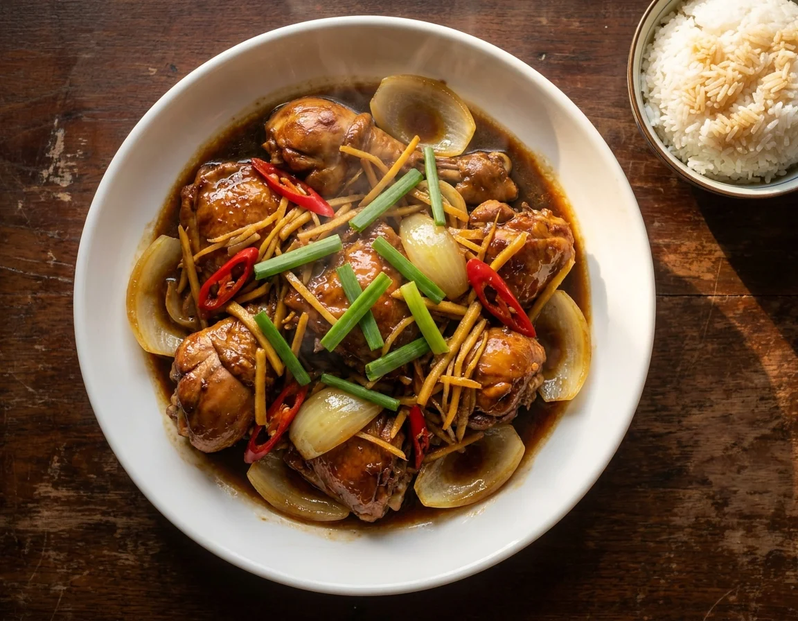 Ayam masak halia kicap berkilat dengan hirisan halia banyak dan bawang besar, ditabur daun bawang dalam pinggan
