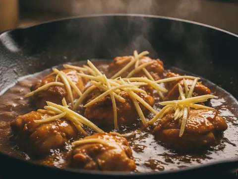 Ayam direneh dalam kuah kicap gelap berkilat bersama hirisan halia dalam kuali