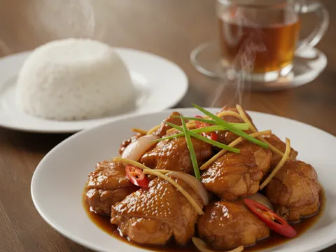 Ayam masak halia siap dihidang dalam pinggan bersama nasi putih panas dan taburan daun bawang