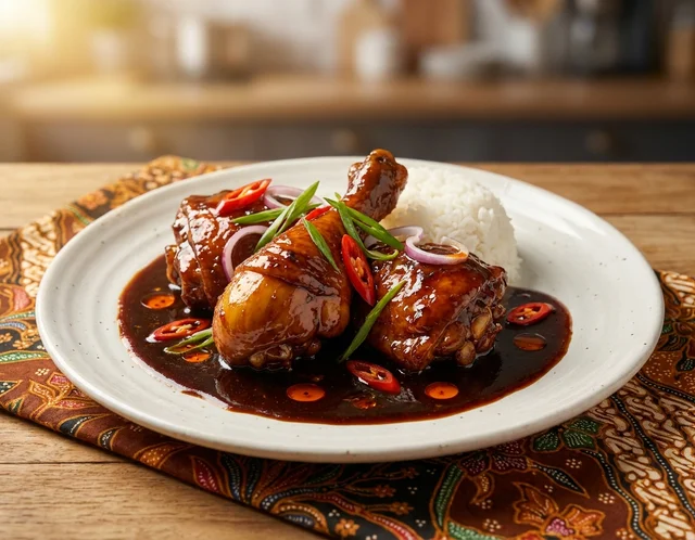 Ayam Masak Kicap Malaysia — kuah coklat pekat berkilat dengan ayam empuk, bawang ring dan cili merah