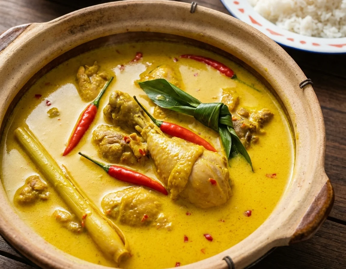 Ayam masak lemak cili api dalam kuah santan kuning berkrim bersama daun kunyit disimpul, serai dan cili api, dihidang dalam belanga tanah bersama sepinggan nasi putih