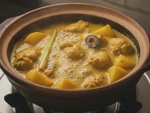 Ayam dan kentang direneh dalam kuah santan kuning bersama serai dan asam keping di atas api kecil