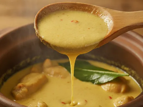 Kuah masak lemak cili api kuning berkrim dirasa dan dilaraskan dengan senduk