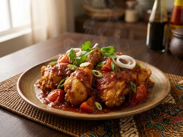 Ayam Masak Merah dengan kuah merah pekat dan hiasan daun sup
