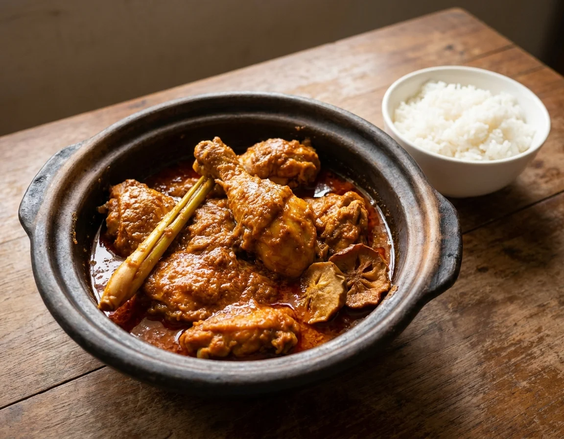 Ayam masak ungkep berkuah pekat kekuningan menyalut ketulan ayam dalam periuk, bertabur minyak berempah dan batang serai diketuk