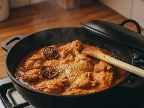 Ayam bersalut rempah direneh dalam periuk bertutup bersama asam keping dan kuah kekuningan yang mula memekat