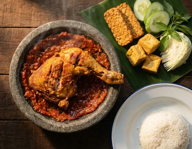 Ayam penyet garing dipenyet atas sambal belacan merah dalam cobek batu, dihidang bersama nasi putih, tempe, tauhu, timun dan kobis