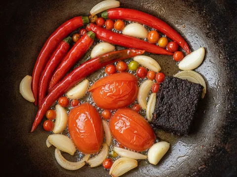 Cili merah, cili padi, bawang dan tomato digoreng layu dalam kuali bersama belacan