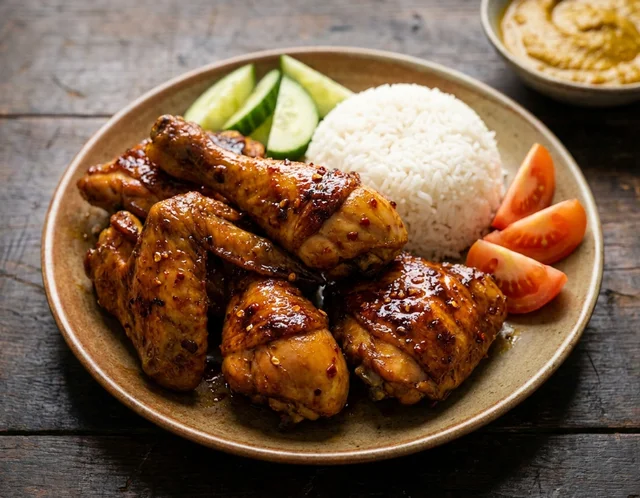 Ayam perap berempah keemasan berkilat dihidang atas pinggan bersama nasi putih, timun dan tomato