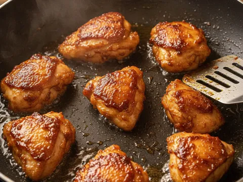 Ketul ayam perap digoreng dalam kuali sehingga keemasan gelap dan berkilat