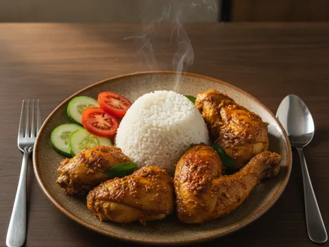 Ayam perap keemasan berkilat dihidang atas pinggan bersama nasi putih, timun dan tomato
