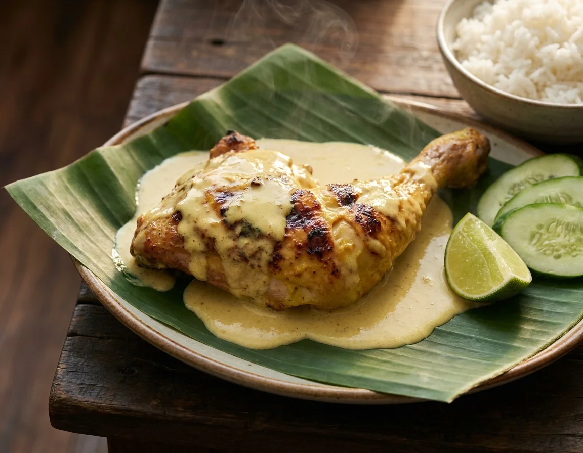 Ayam percik Kelantan berkuah putih santan pekat berkrim dengan kesan bakar rentung, disiram kuah percik di atas daun pisang