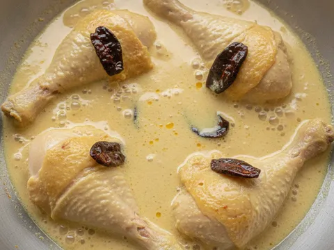 Ketul ayam direneh separuh tenggelam dalam kuah percik santan berwarna putih kekuningan