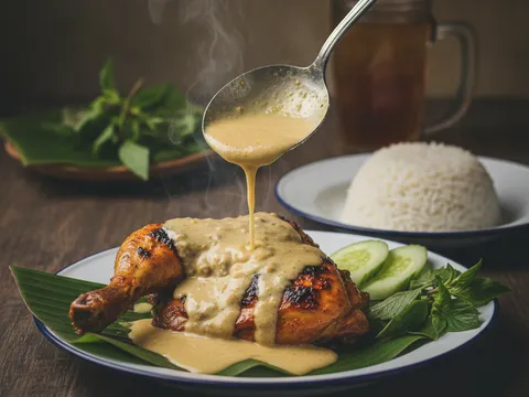 Hidangan ayam percik lengkap disiram kuah santan pekat di atas daun pisang bersama nasi putih