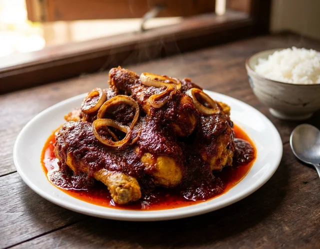 Ayam sambal bersalut sambal cili kering merah gelap pekat dengan bawang besar hiris di atas, dihidang dalam pinggan putih bersama nasi putih panas