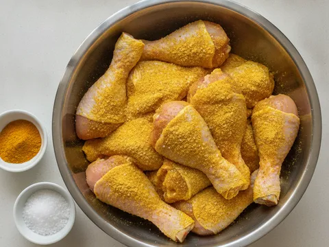 Potongan ayam digaul dengan serbuk kunyit dan garam sehingga bersalut kuning rata dalam mangkuk