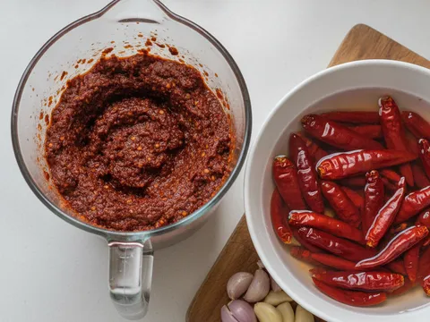 Cili kering yang direndam lembut dikisar bersama bawang merah, bawang besar, bawang putih dan halia menjadi pes pekat dalam pengisar